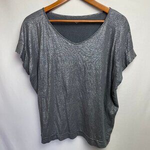 Eileen Fisher Womens Metallic Linen Short Sleeve Top Size M Gray Boxy Lagenlook